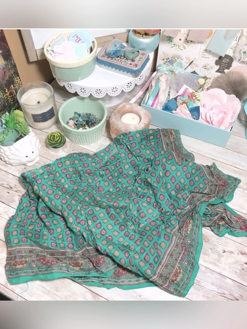 Vintage Green Brown Womens Square Scarf Head Wrap Floral Geometric Print Classic